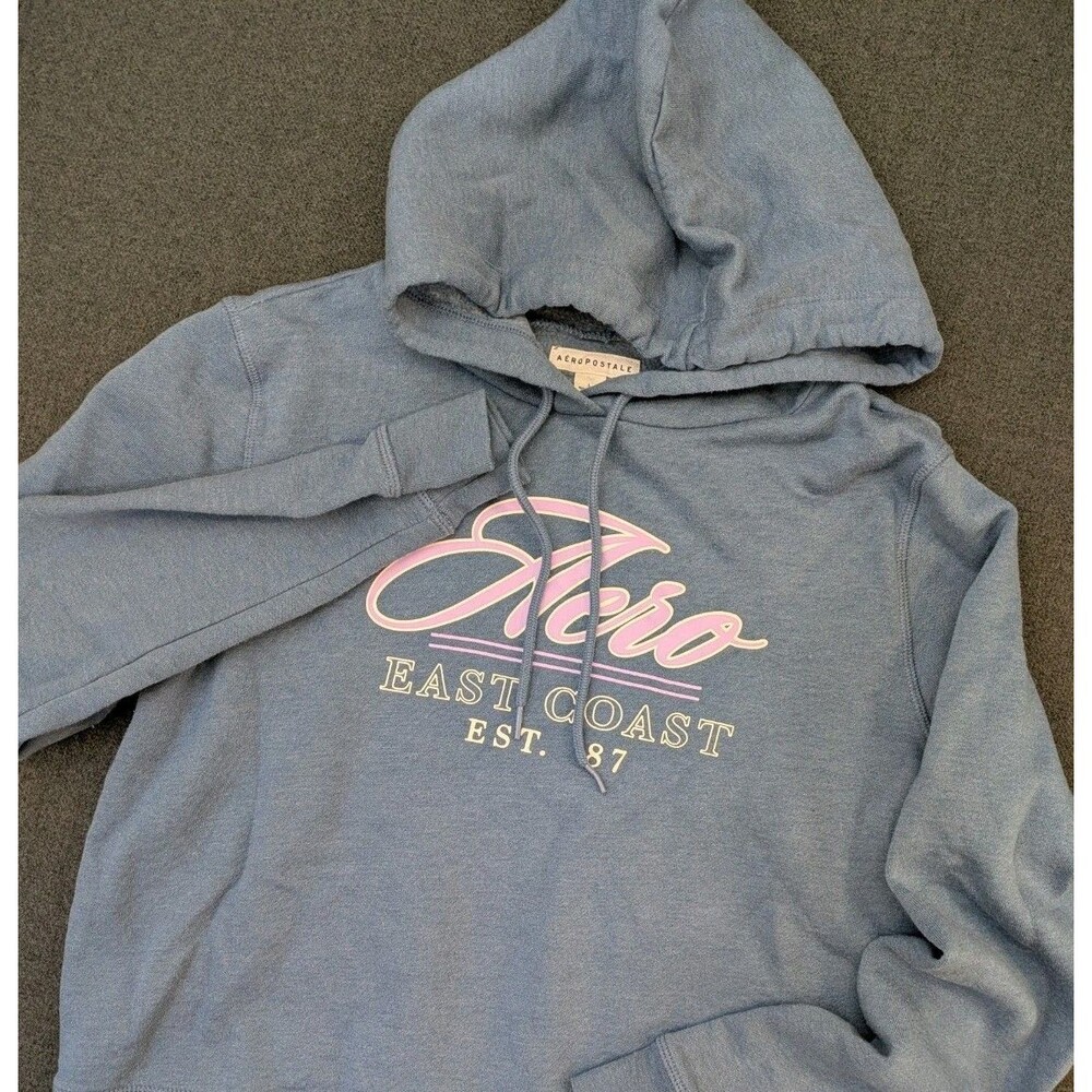 Aeropostale East Coast 1987 Graphic Hoodie Sweatshirt Women's Large Blue Lounge